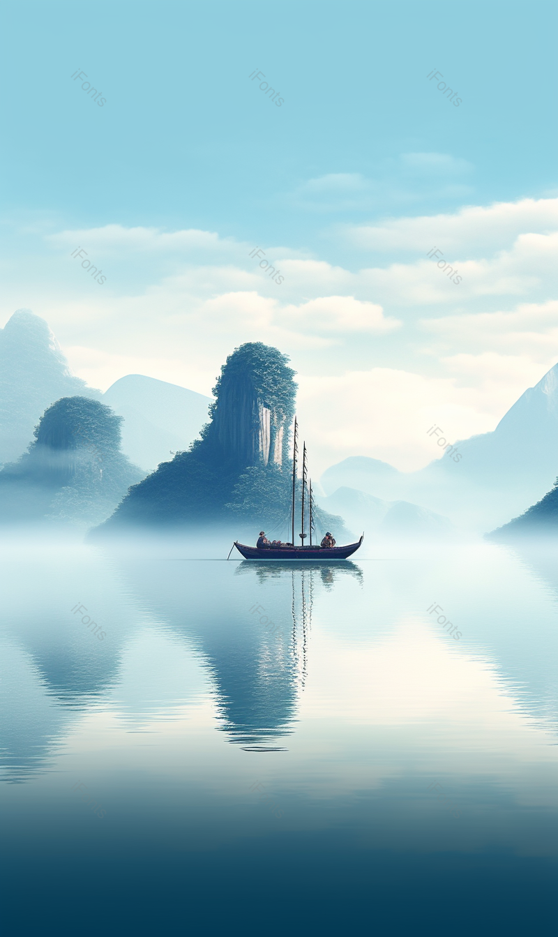 蓝色意境蓝天备孕山峰浓雾小船山水涟漪,插画/手绘图,插画/手绘图库,插画/手绘图下载,插画/手绘
